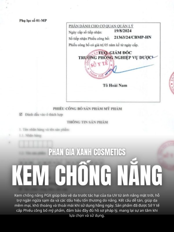 Phiếu công bố sản phẩm kem chống nắng Phan Gia Xanh